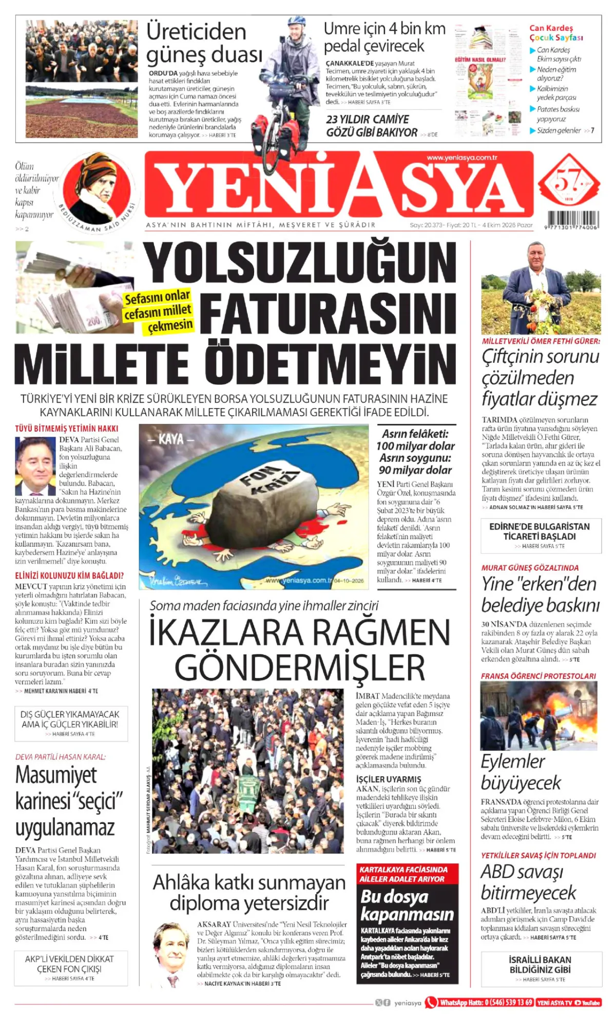 Yeni Asya birinci sayfa manşeti (05 Ekim 2026)