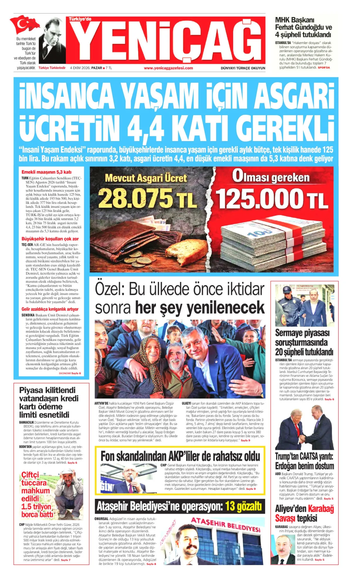 Yeniçağ birinci sayfa manşeti (05 Ekim 2026)