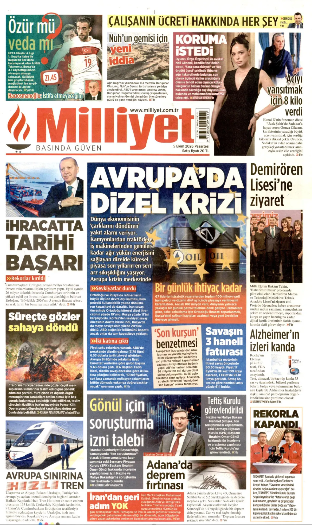 Milliyet birinci sayfa manşeti (05 Ekim 2026)