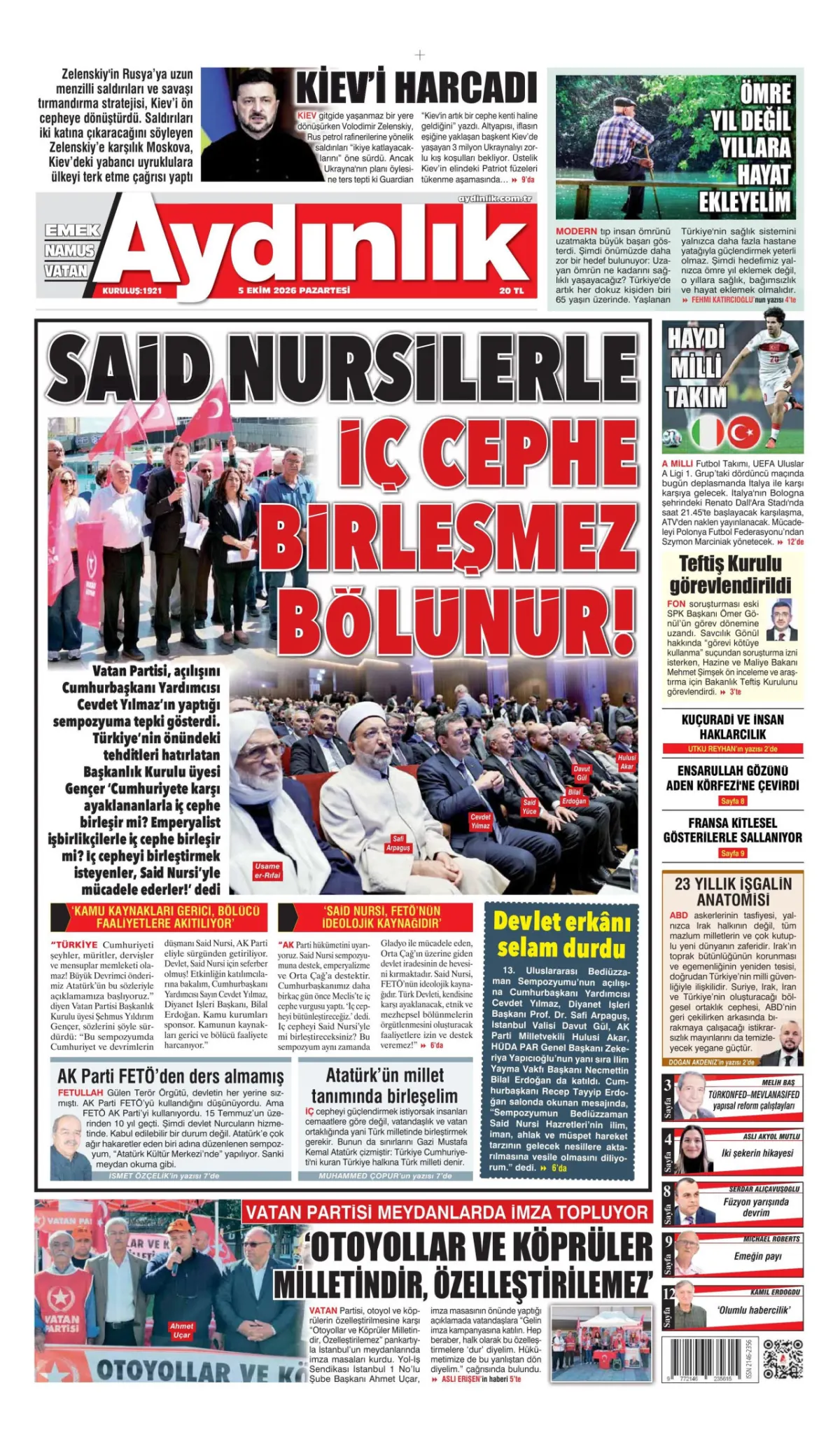 Aydınlık birinci sayfa manşeti (05 Ekim 2026)