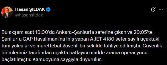 Şanlıurfa GAP Havalimanı’na İnen Uçaktaki Yolcular Tahliye Edildi
