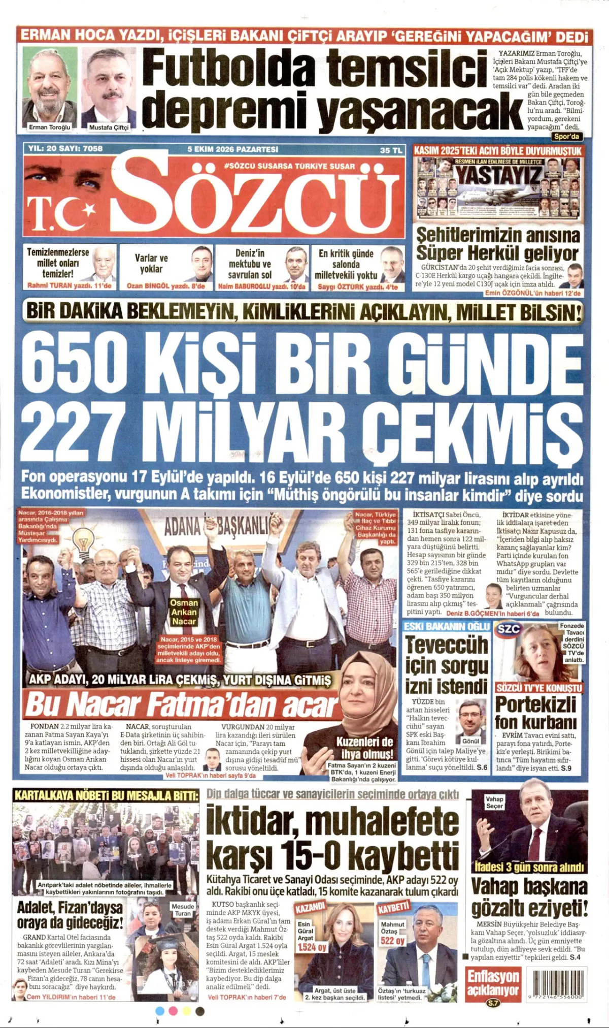 Sözcü birinci sayfa manşeti (06 Ekim 2026)