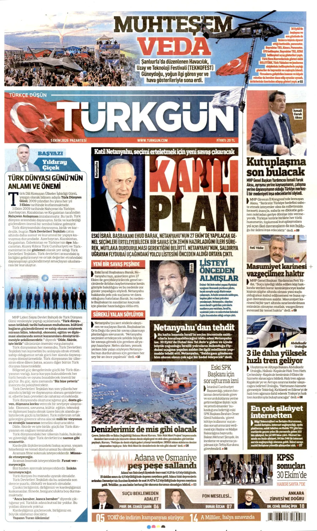 Türkgün birinci sayfa manşeti (06 Ekim 2026)