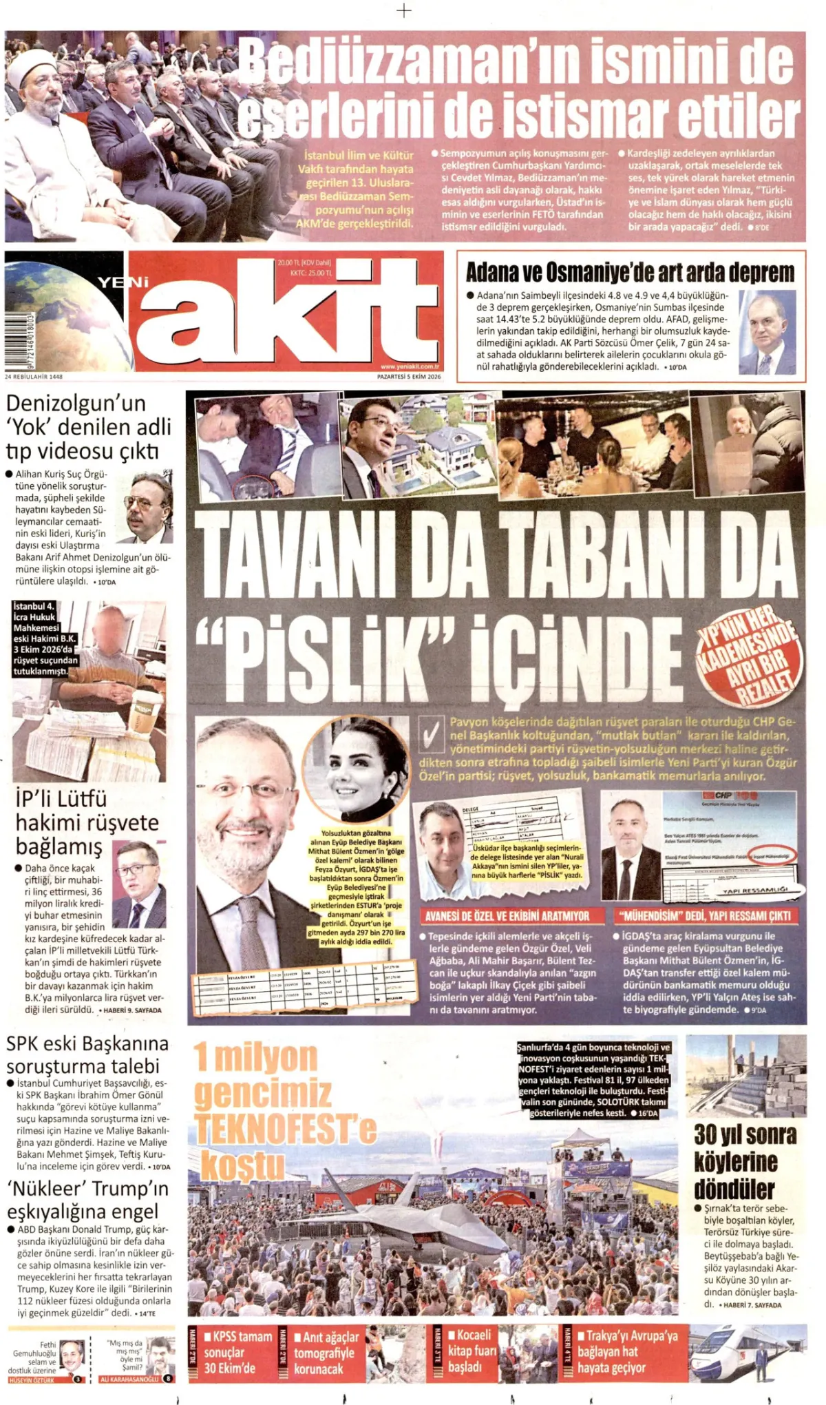Yeni Akit birinci sayfa manşeti (06 Ekim 2026)