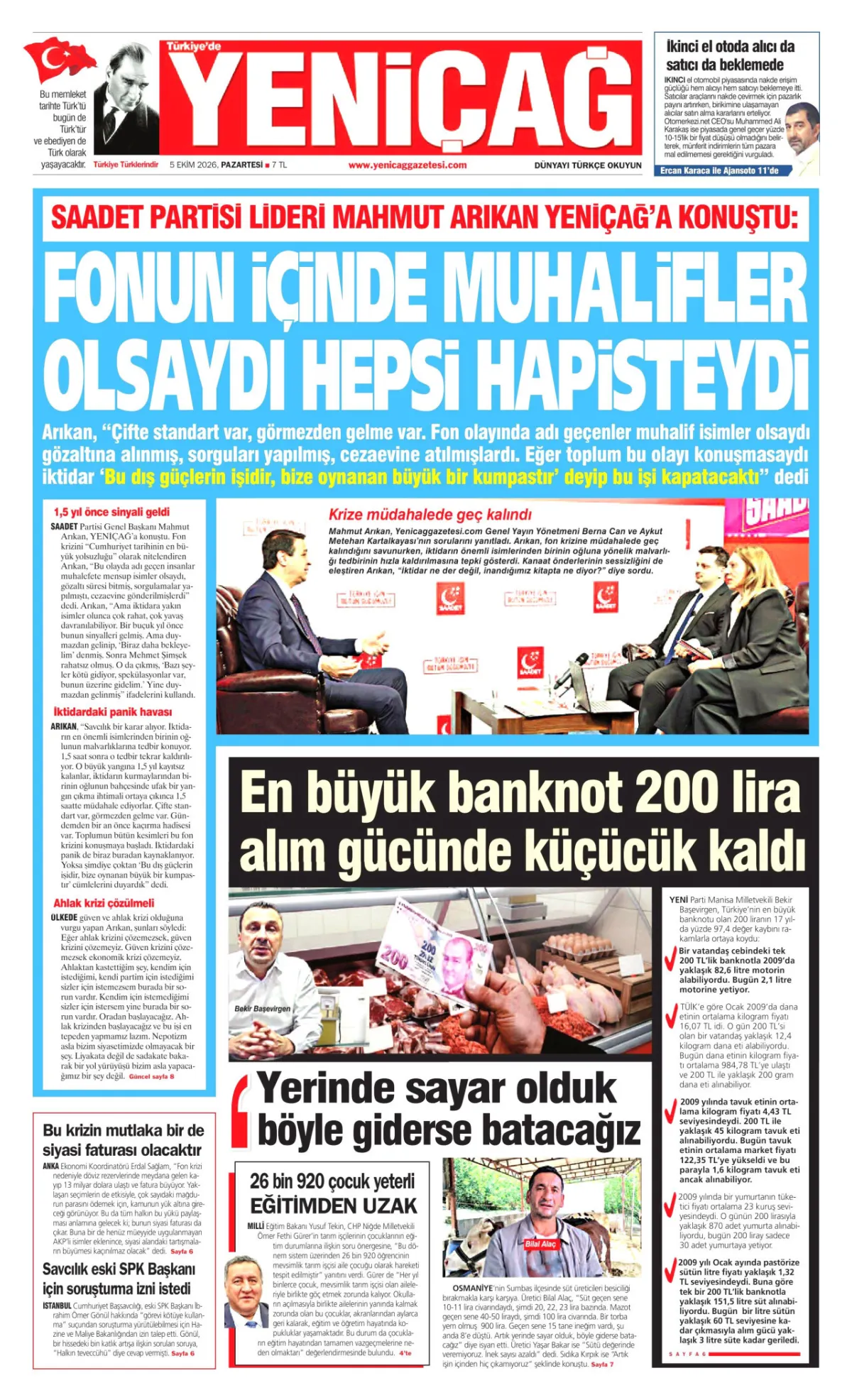 Yeniçağ birinci sayfa manşeti (06 Ekim 2026)