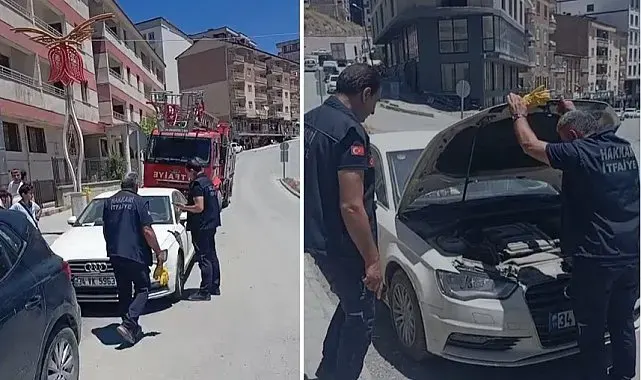 Araca sıkışan yavru kedi itfaiye tarafından kurtarıldı