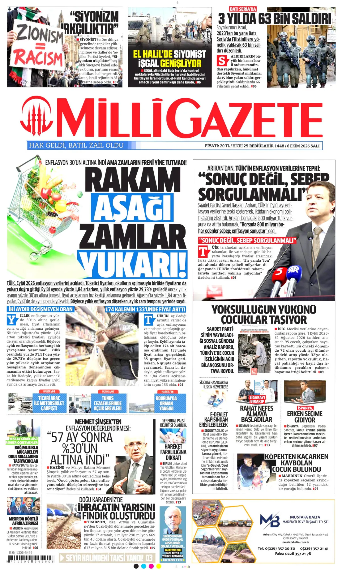 Milli birinci sayfa manşeti (06 Ekim 2026)