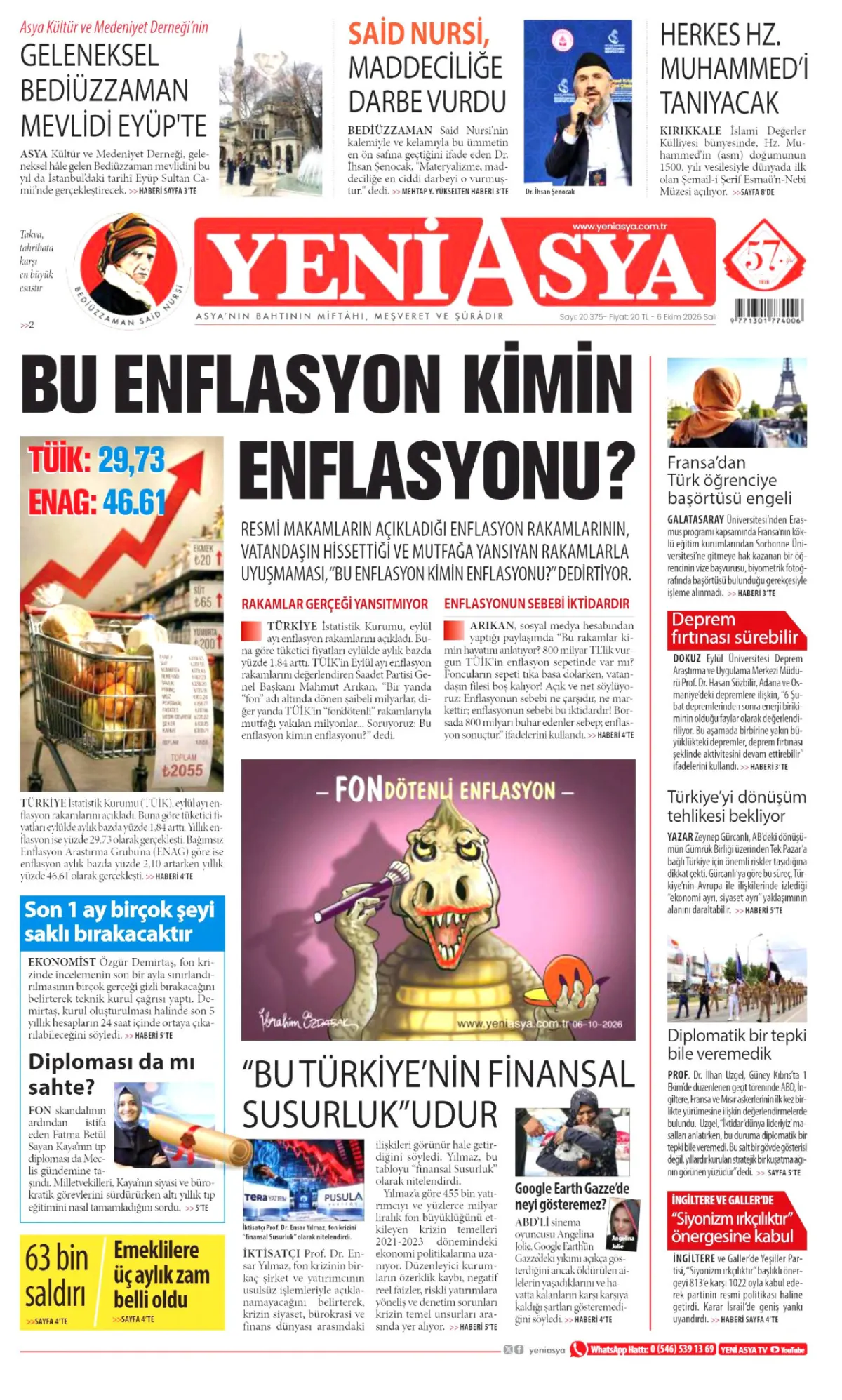 Yeni Asya birinci sayfa manşeti (06 Ekim 2026)