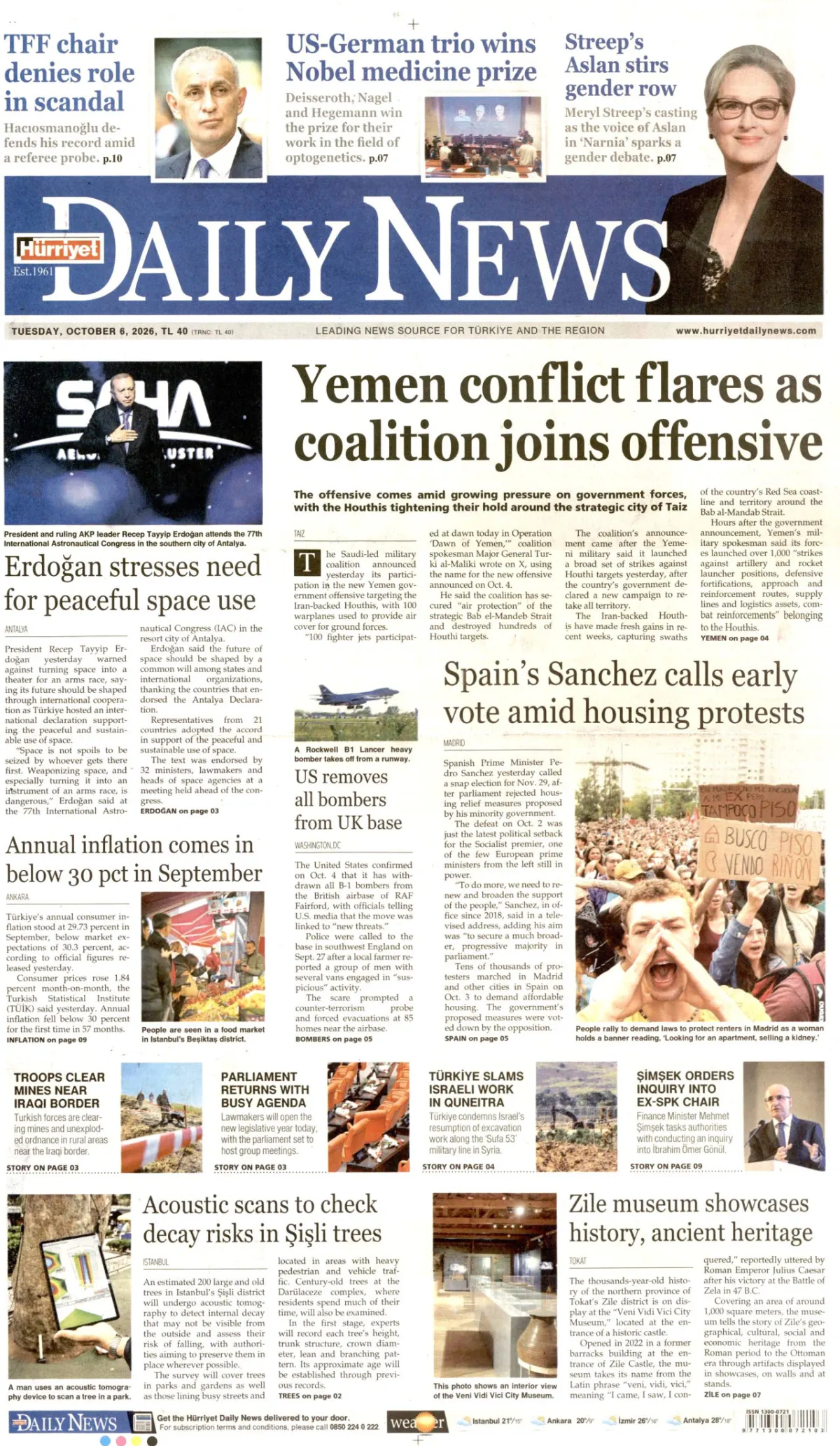 Hürriyet Daily News birinci sayfa manşeti (06 Ekim 2026)