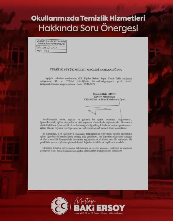 MHP'li Baki Ersoy'dan Okul Temizliği İçin Meclis'e Soru Önergesi