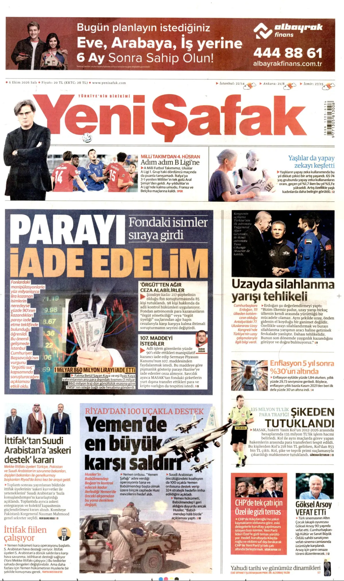 Yeni Şafak birinci sayfa manşeti (07 Ekim 2026)