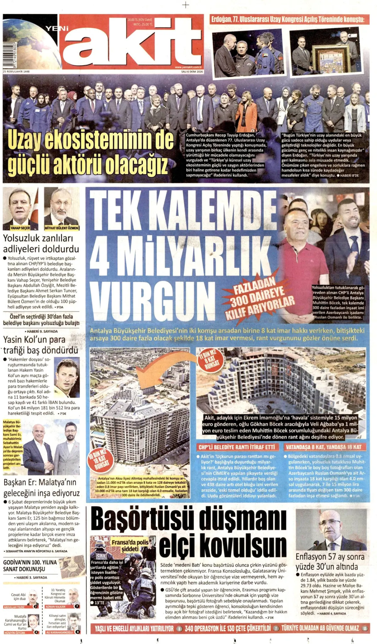 Yeni Akit birinci sayfa manşeti (07 Ekim 2026)