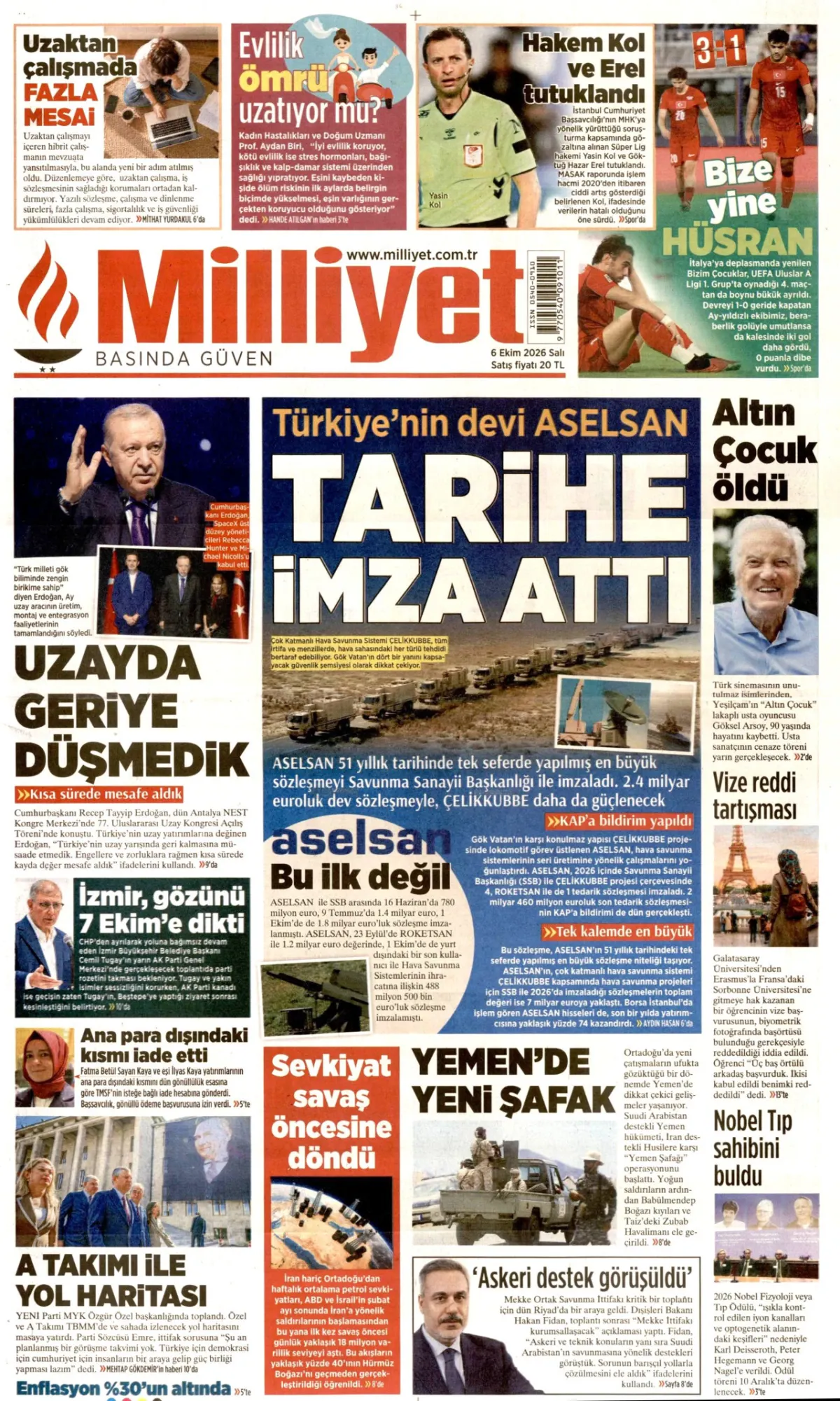 Milliyet birinci sayfa manşeti (07 Ekim 2026)