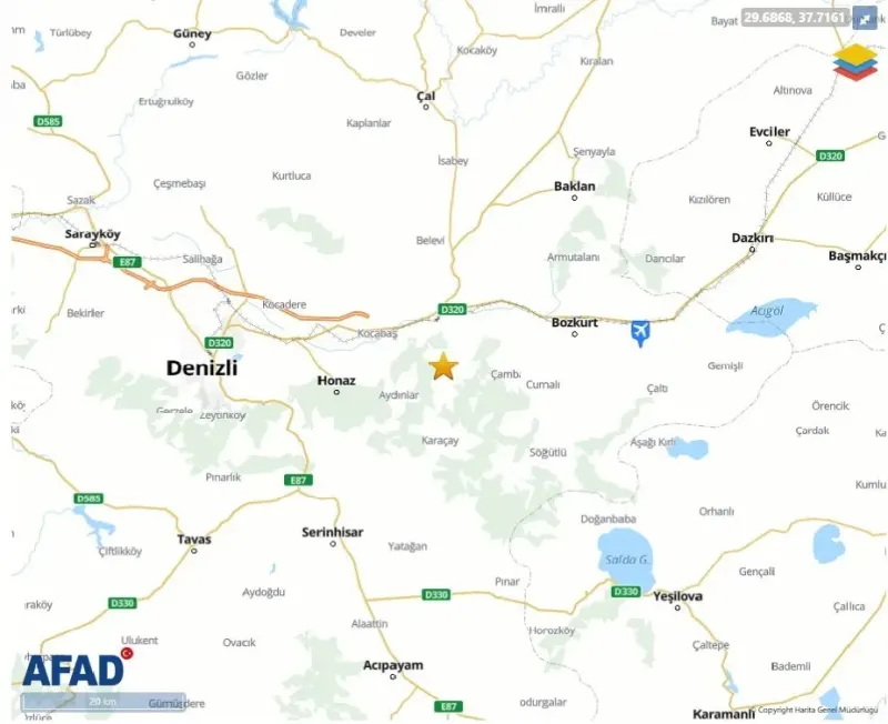 Denizli'de Sabaha Karşı 3.9 Büyüklüğünde Deprem Meydan Geldi