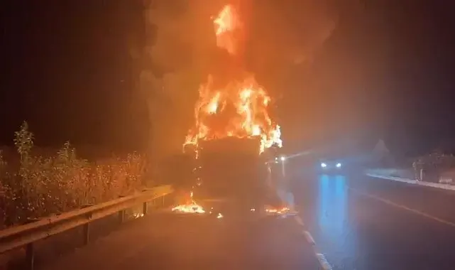 Denizli'de seyir halindeki tır alev alev yandı