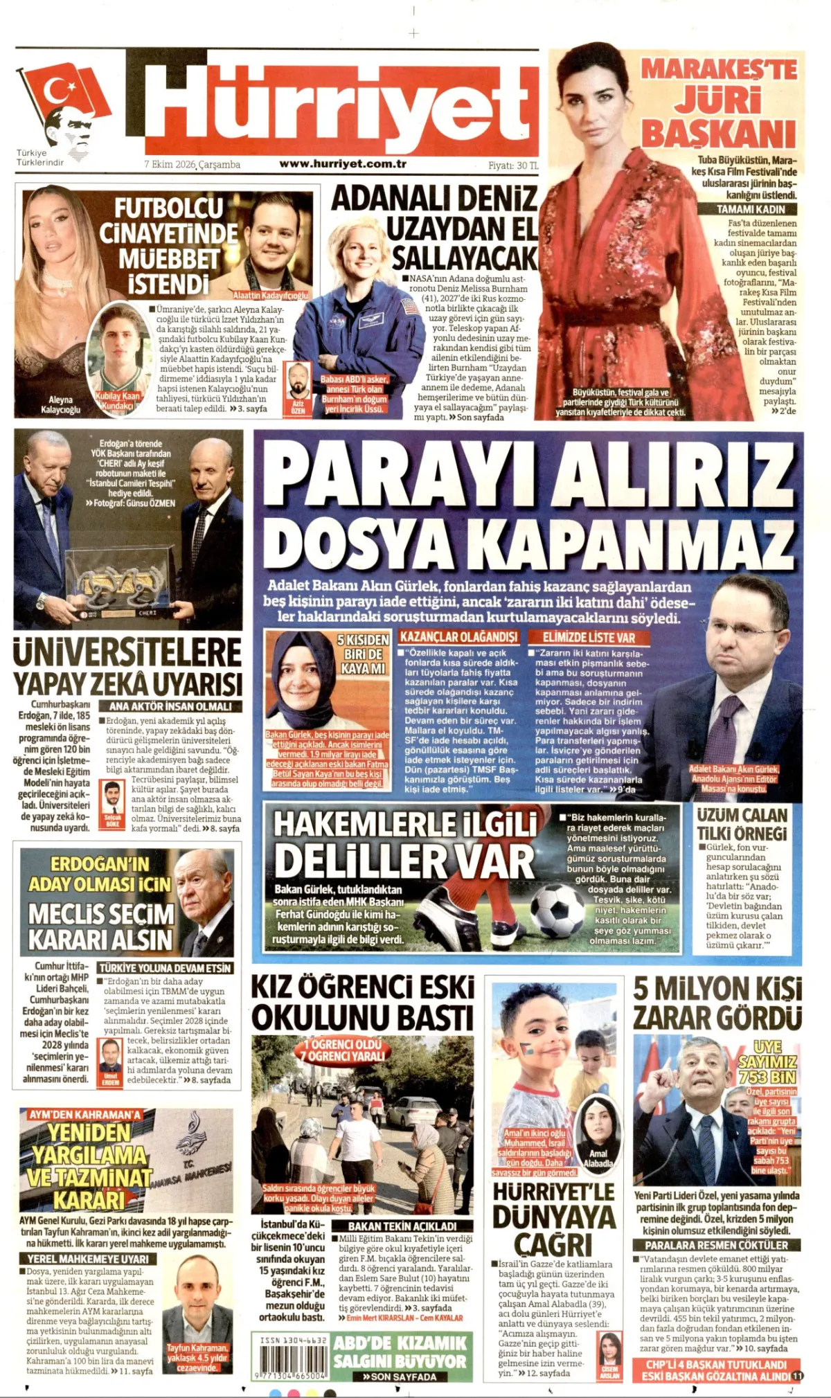 Hürriyet birinci sayfa manşeti (08 Ekim 2026)