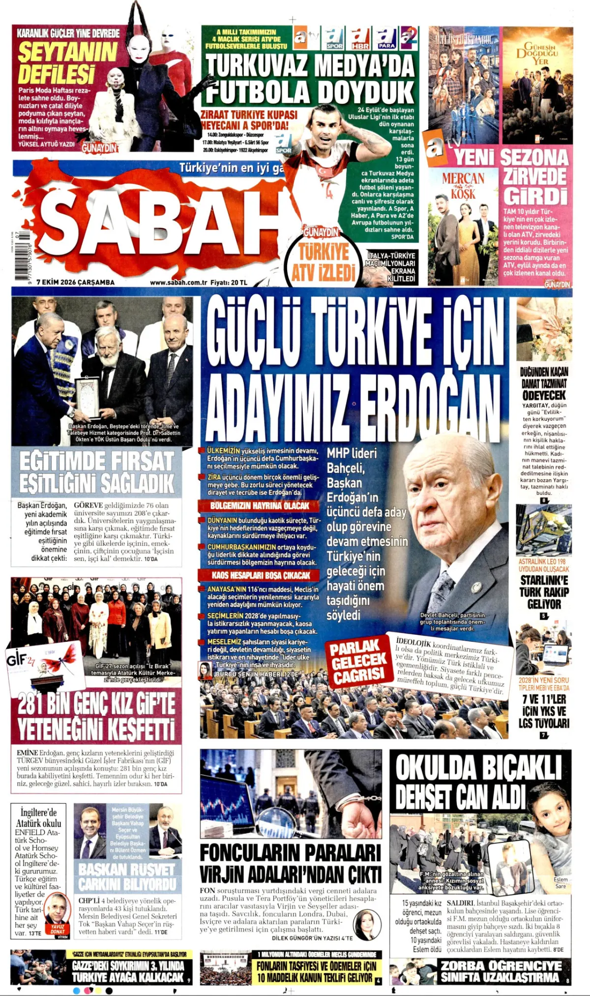 Sabah birinci sayfa manşeti (08 Ekim 2026)