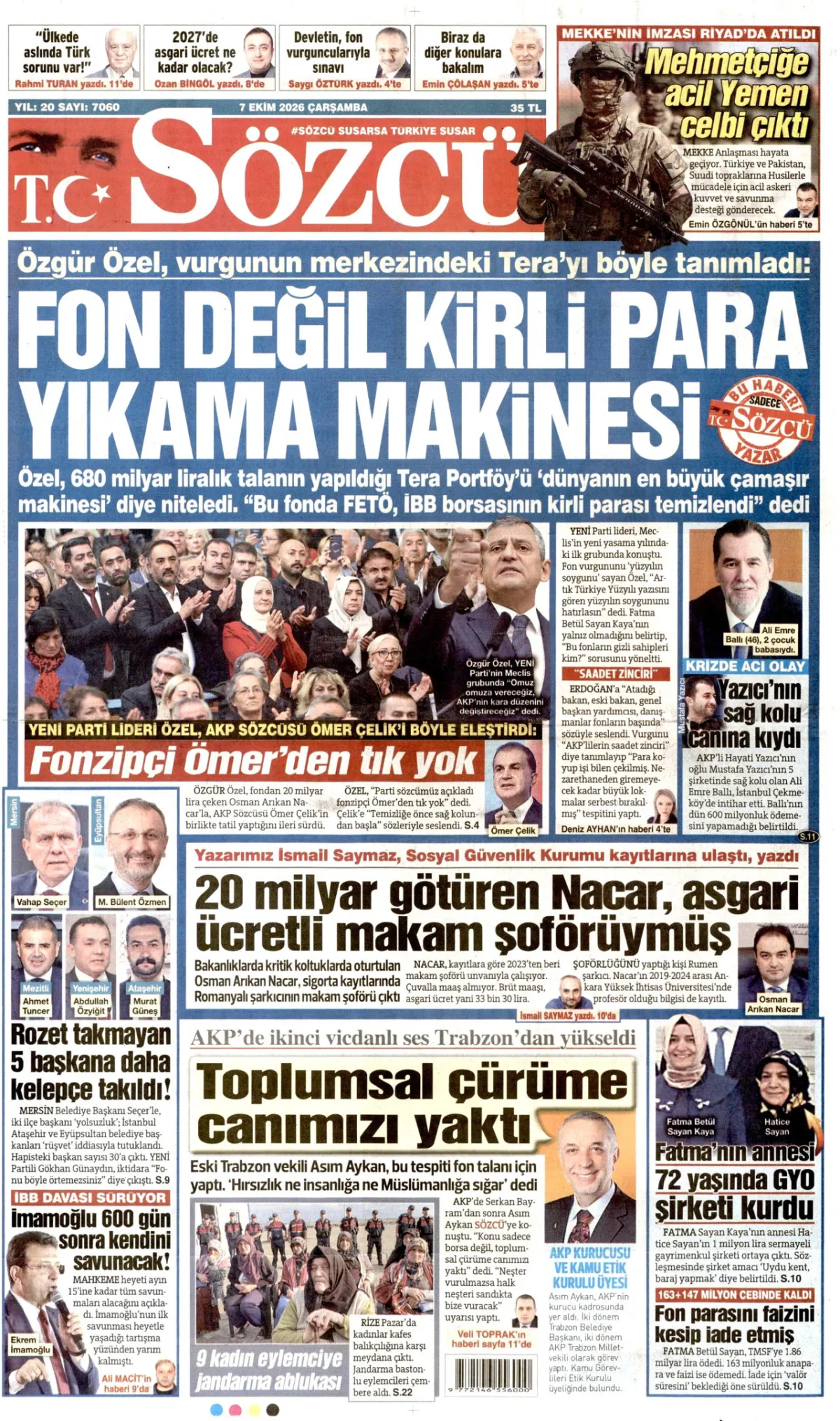 Sözcü birinci sayfa manşeti (08 Ekim 2026)