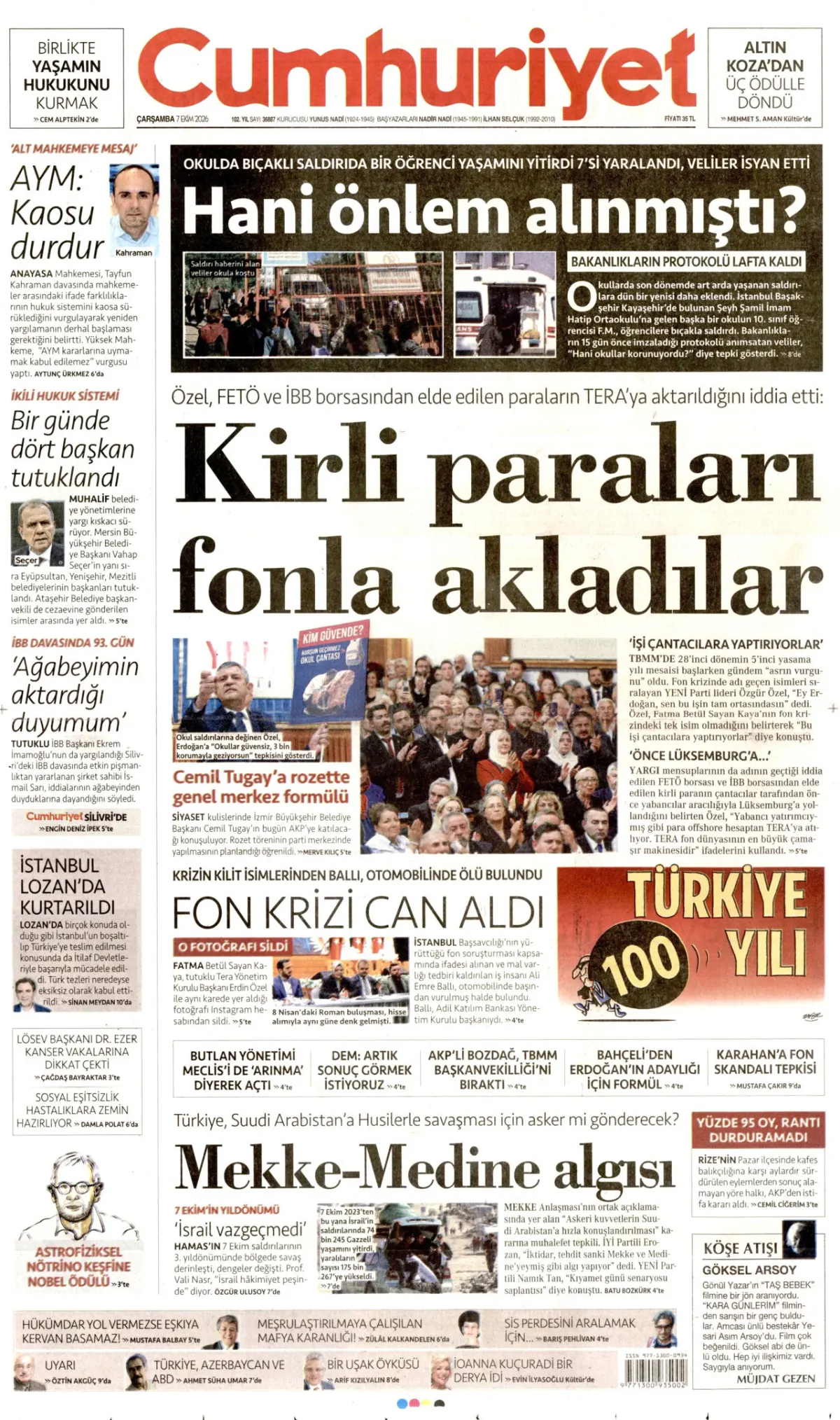 Cumhuriyet birinci sayfa manşeti (08 Ekim 2026)