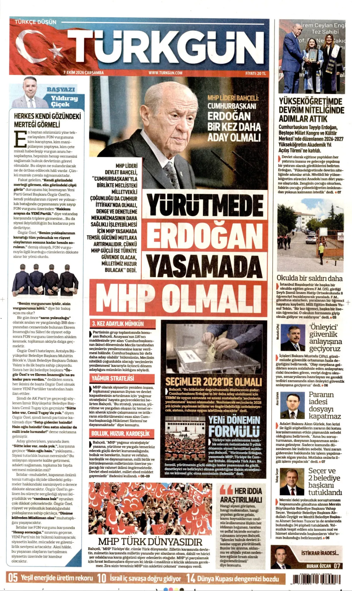 Türkgün birinci sayfa manşeti (08 Ekim 2026)