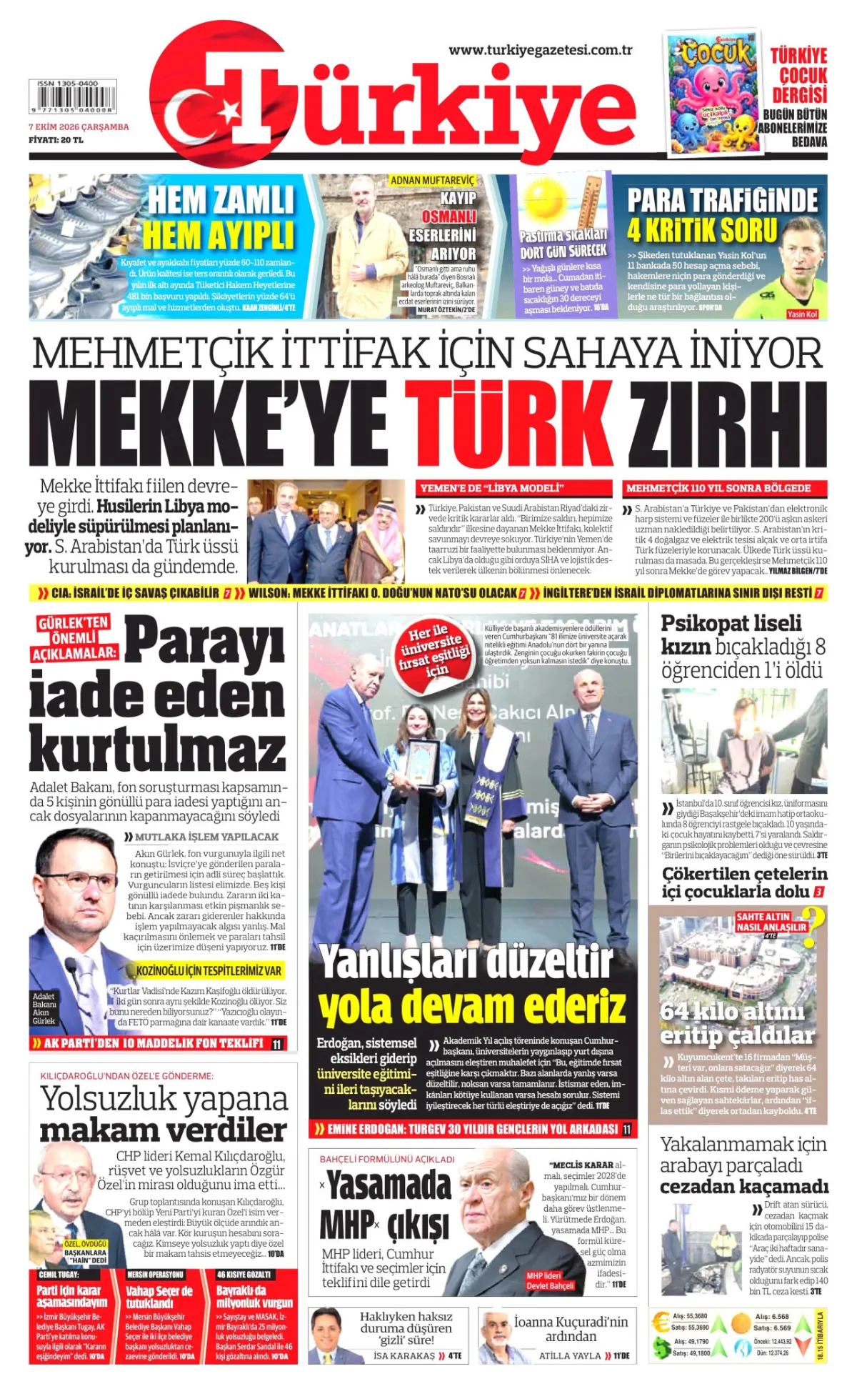 Türkiye birinci sayfa manşeti (08 Ekim 2026)