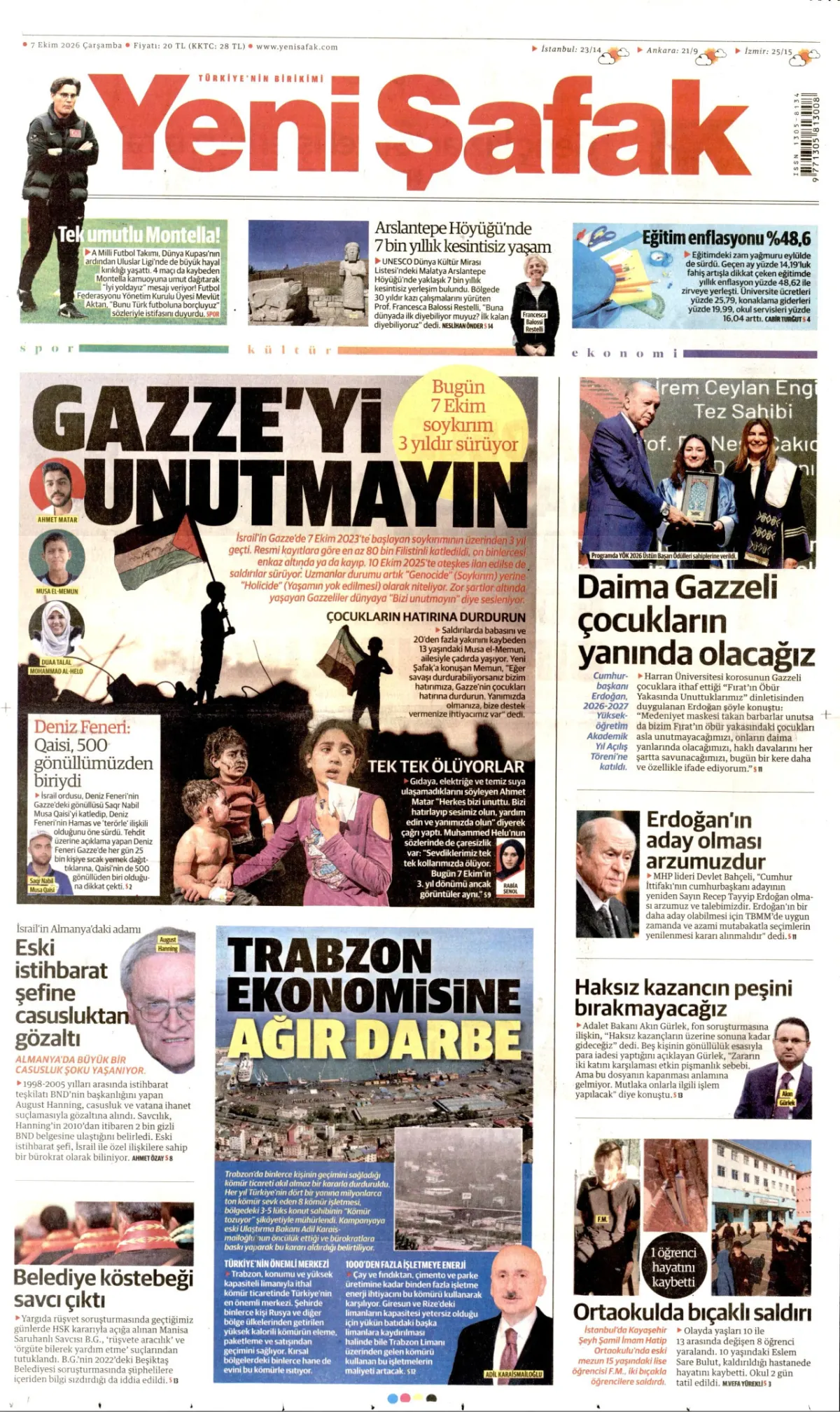 Yeni Şafak birinci sayfa manşeti (08 Ekim 2026)