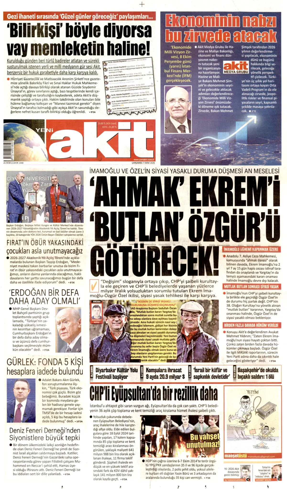 Yeni Akit birinci sayfa manşeti (08 Ekim 2026)