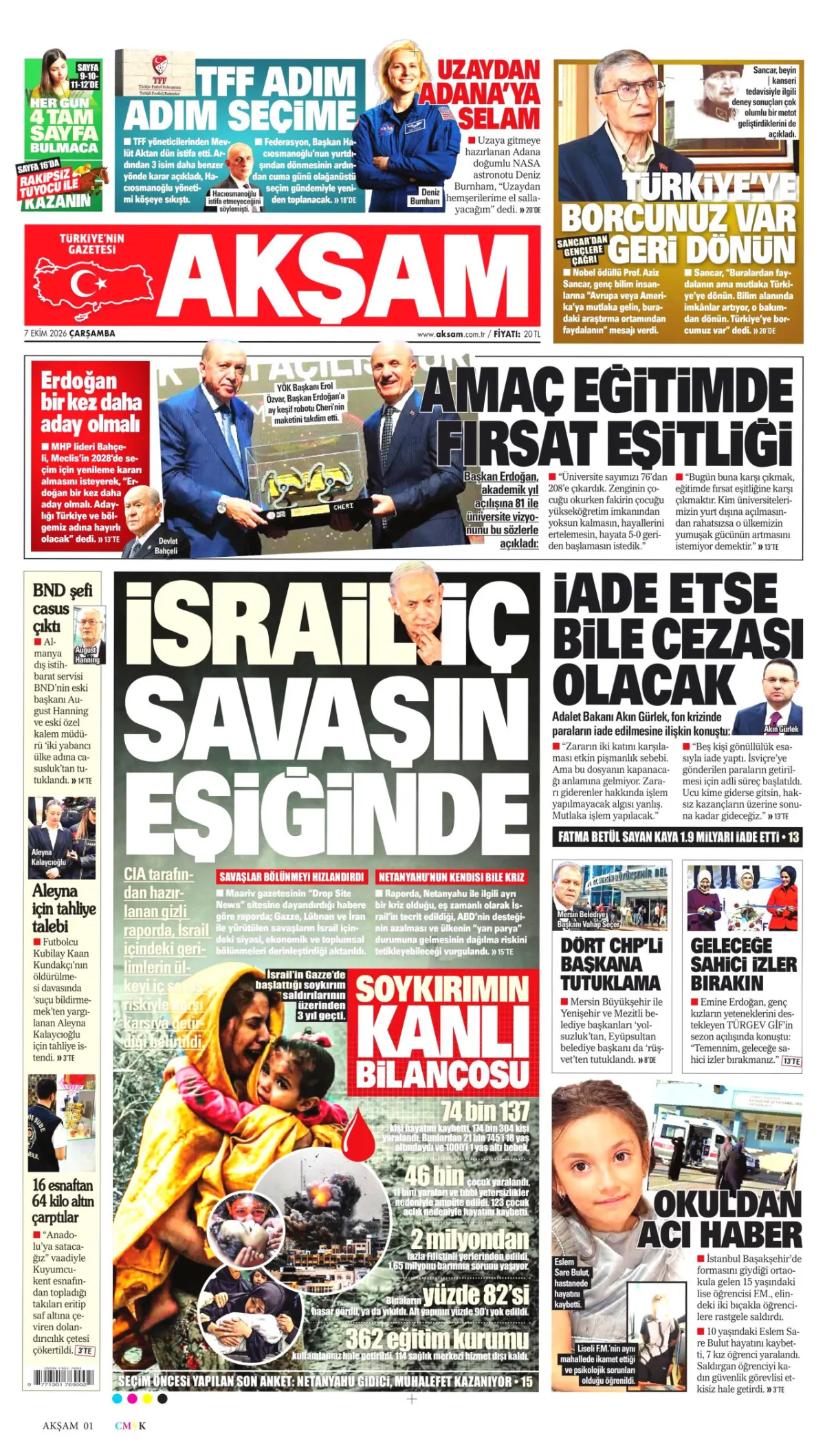 Akşam birinci sayfa manşeti (08 Ekim 2026)