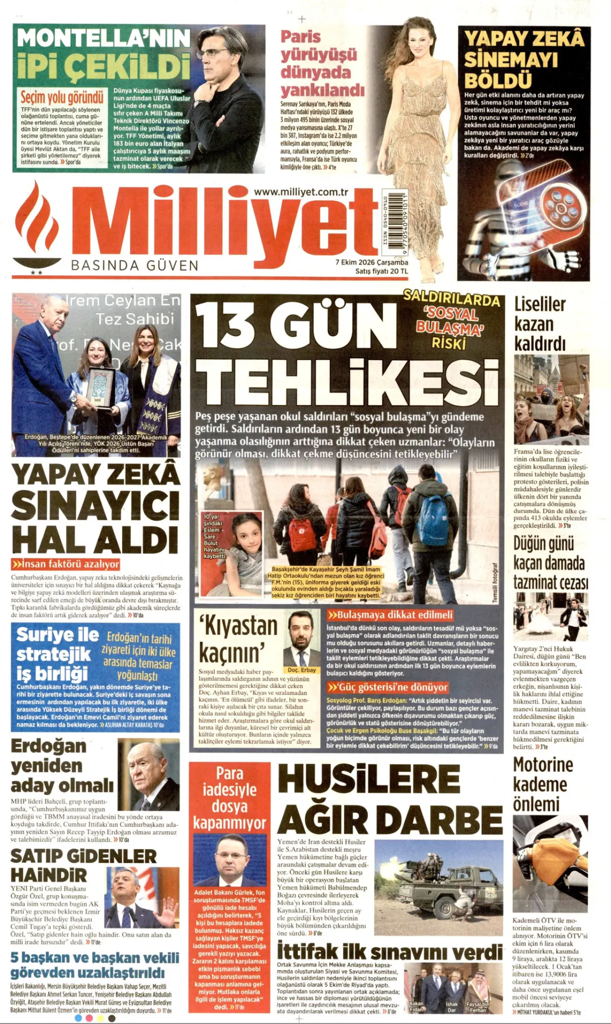 Milliyet birinci sayfa manşeti (08 Ekim 2026)
