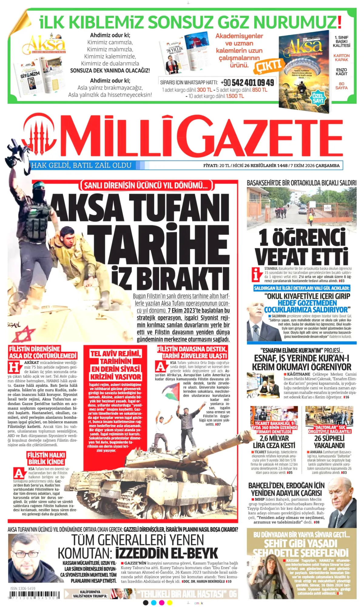 Milli birinci sayfa manşeti (08 Ekim 2026)