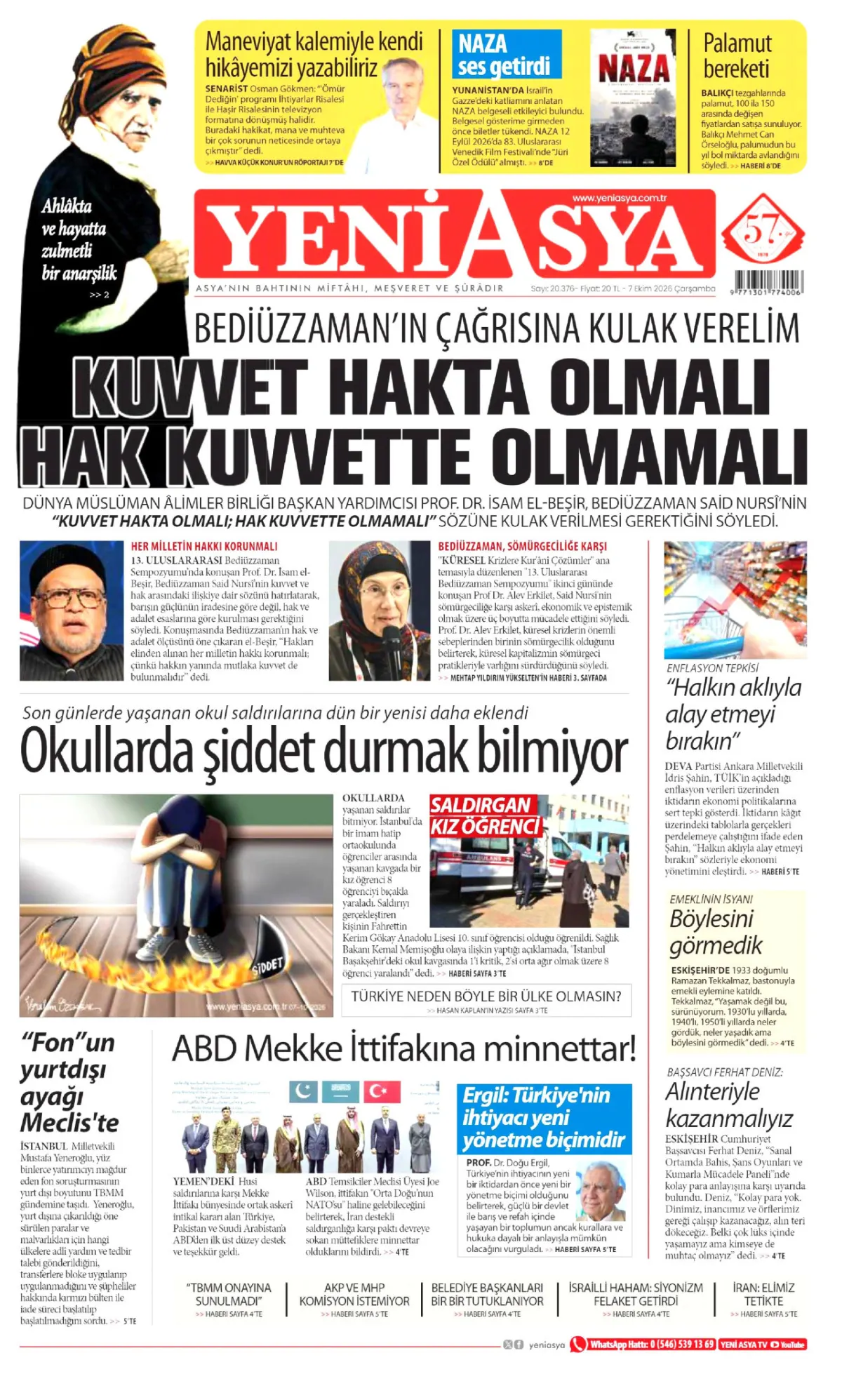 Yeni Asya birinci sayfa manşeti (08 Ekim 2026)