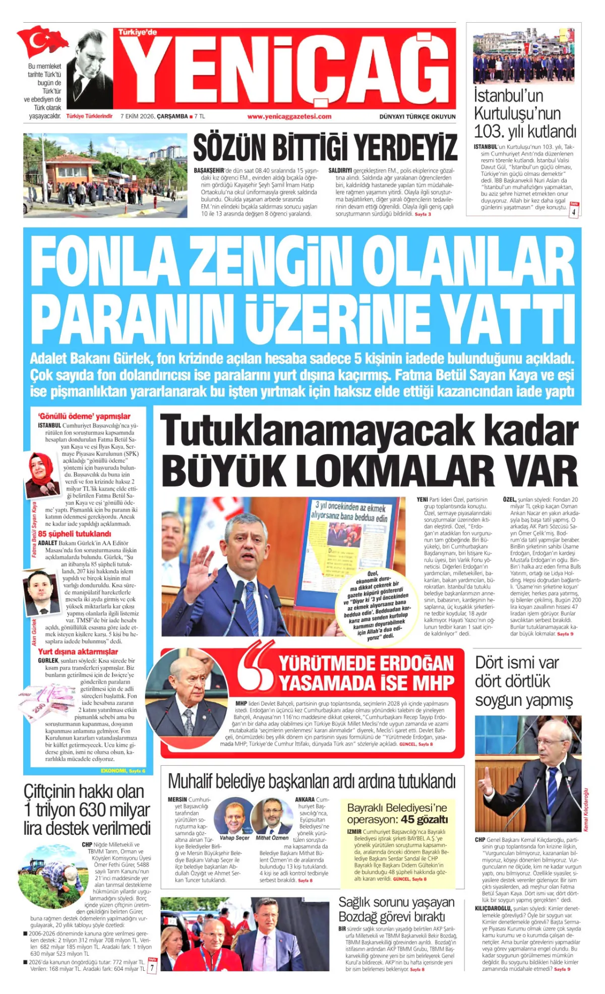 Yeniçağ birinci sayfa manşeti (08 Ekim 2026)