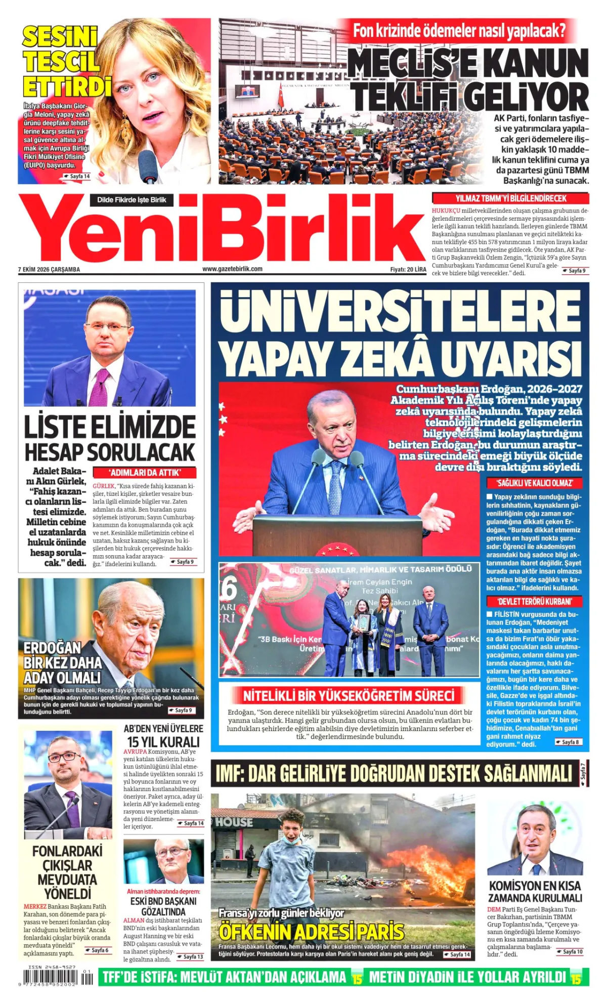 YeniBirlik birinci sayfa manşeti (08 Ekim 2026)