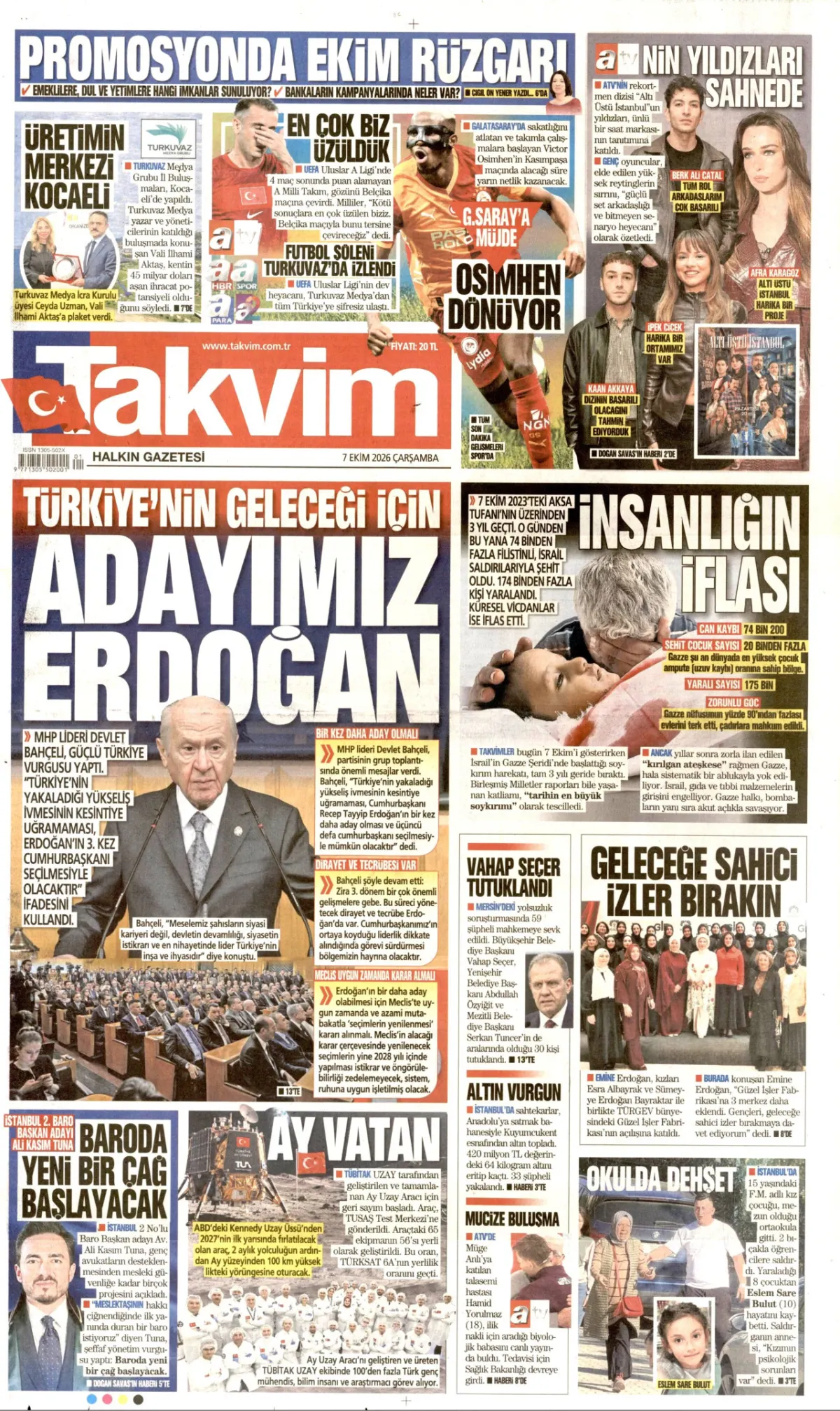 Takvim birinci sayfa manşeti (08 Ekim 2026)