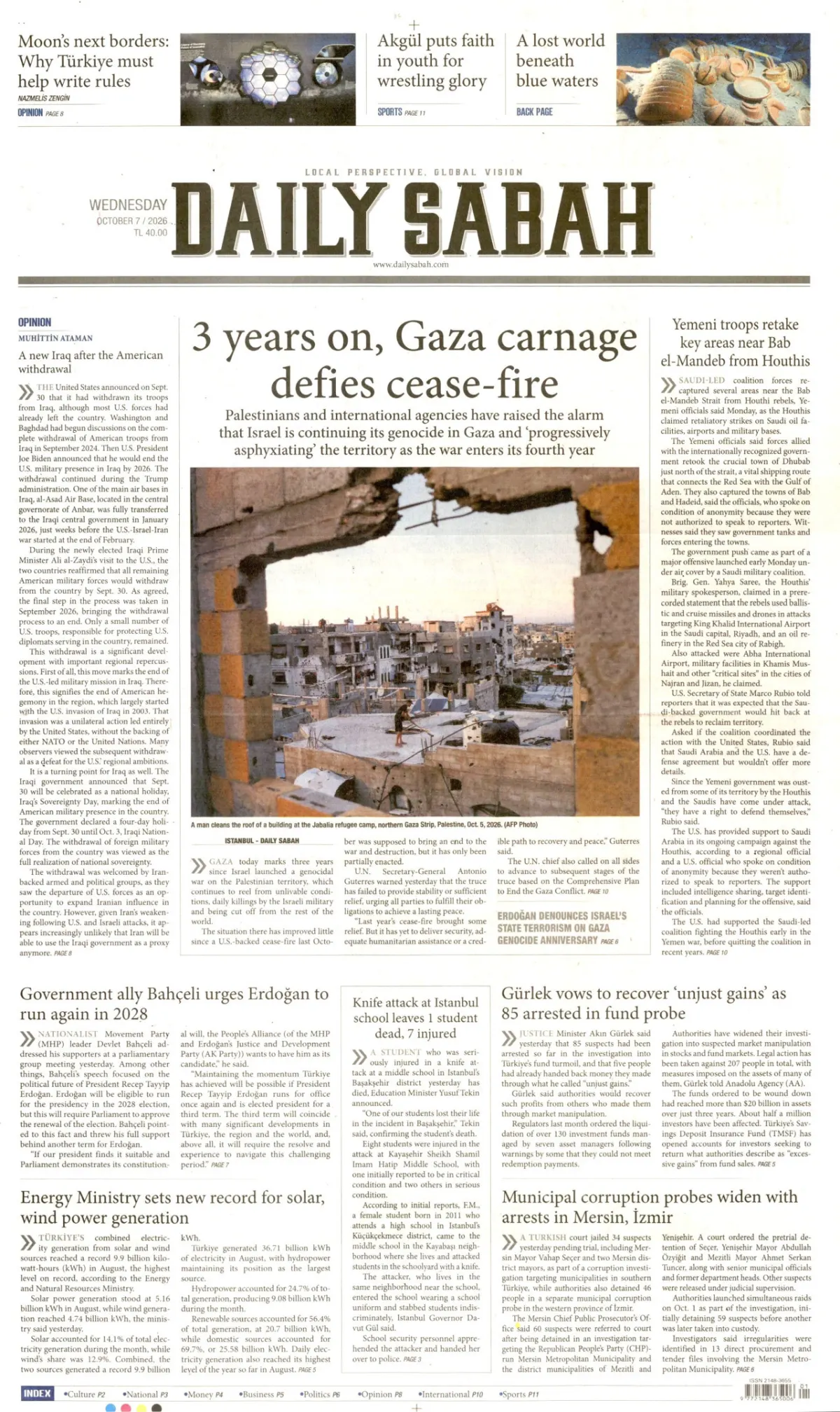 Daily Sabah birinci sayfa manşeti (08 Ekim 2026)