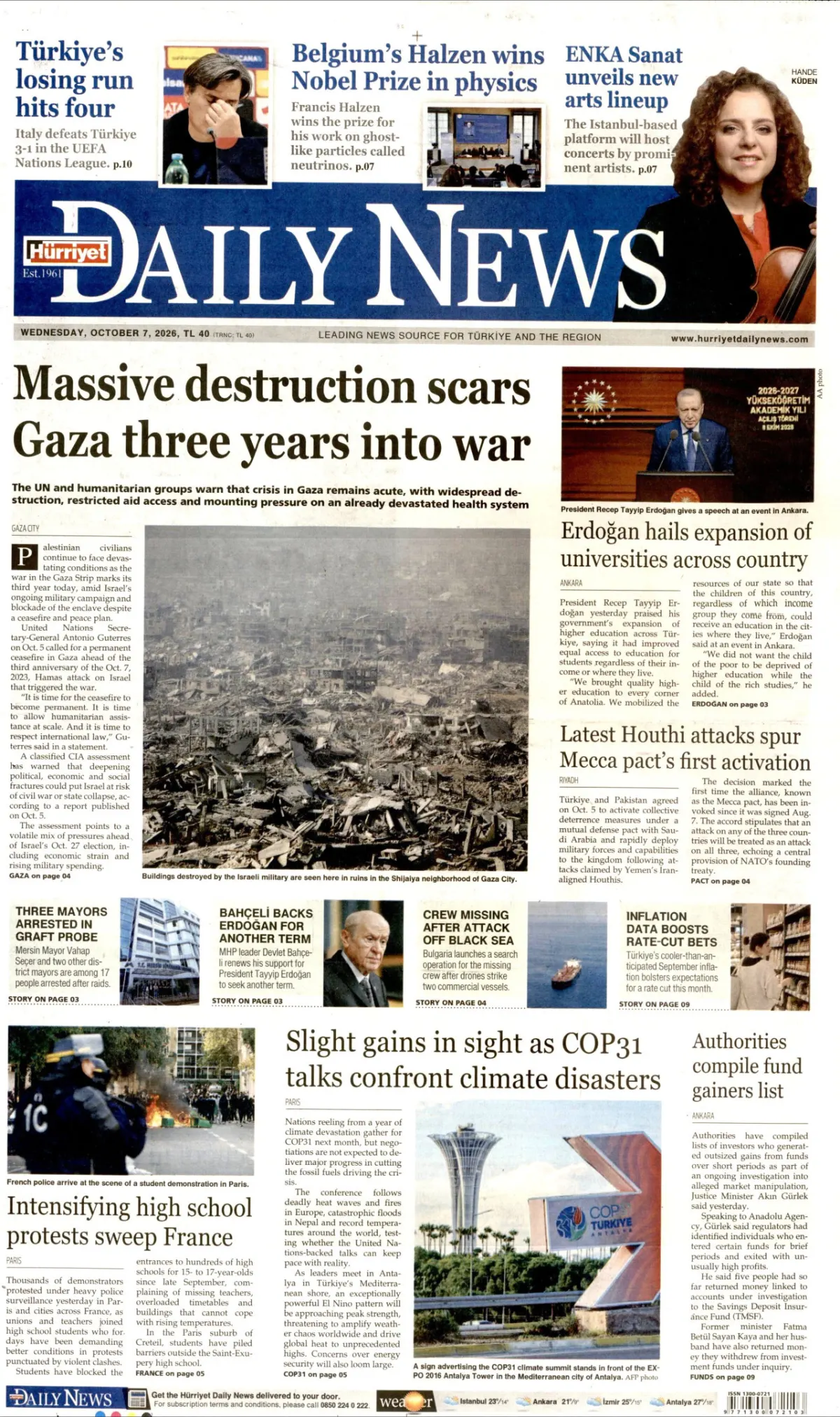 Hürriyet Daily News birinci sayfa manşeti (08 Ekim 2026)