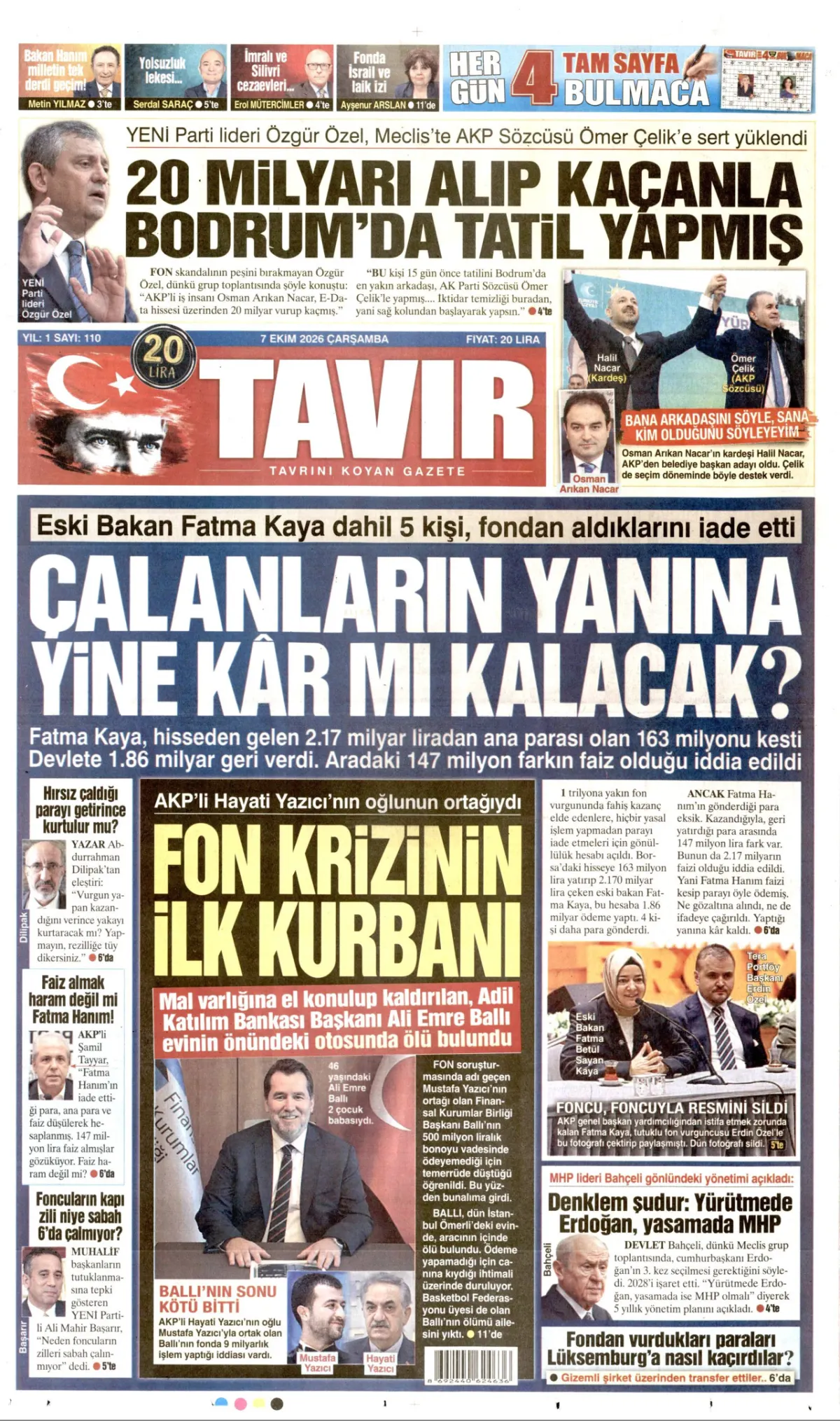 Tavır birinci sayfa manşeti (08 Ekim 2026)