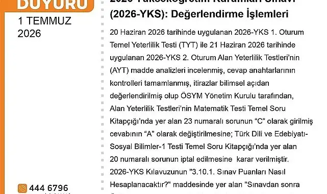 YKS değerlendirildi: 1 soru iptal, 1 sorunun şıkkı değişti