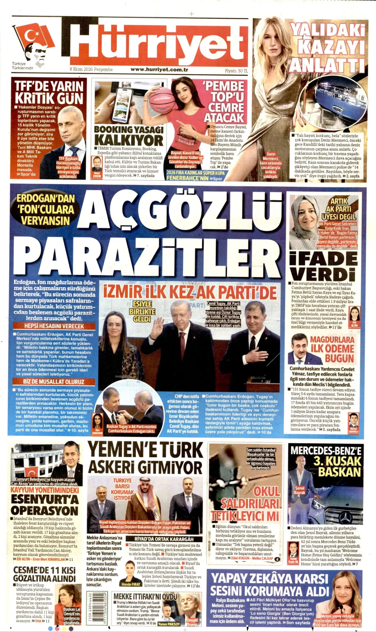 Hürriyet birinci sayfa manşeti (09 Ekim 2026)