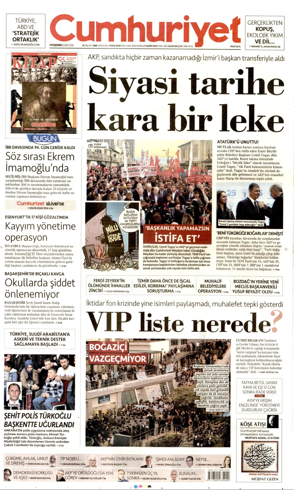 Cumhuriyet birinci sayfa manşeti (09 Ekim 2026)