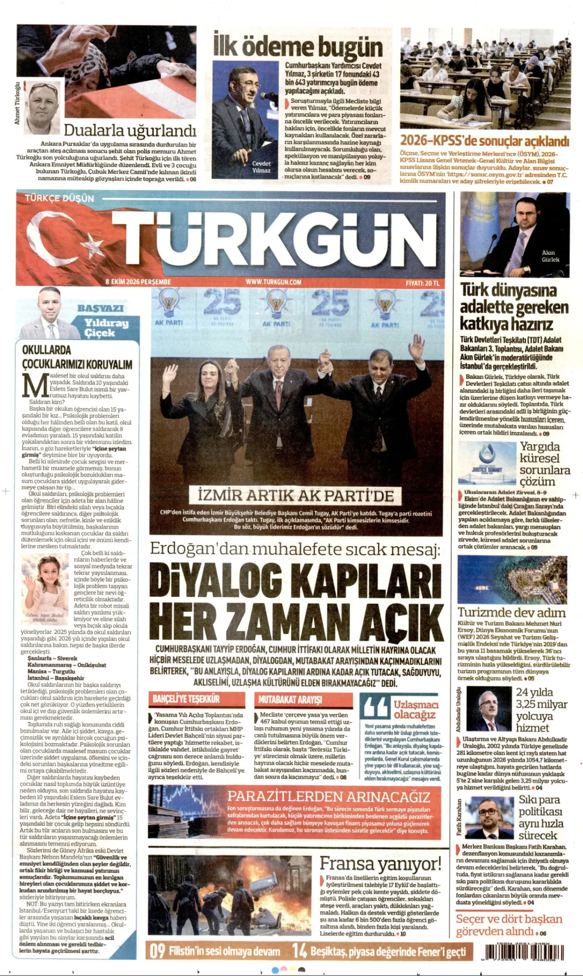 Türkgün birinci sayfa manşeti (09 Ekim 2026)