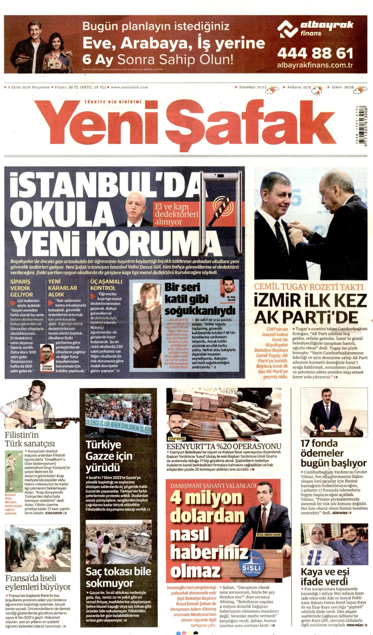 Yeni Şafak birinci sayfa manşeti (09 Ekim 2026)