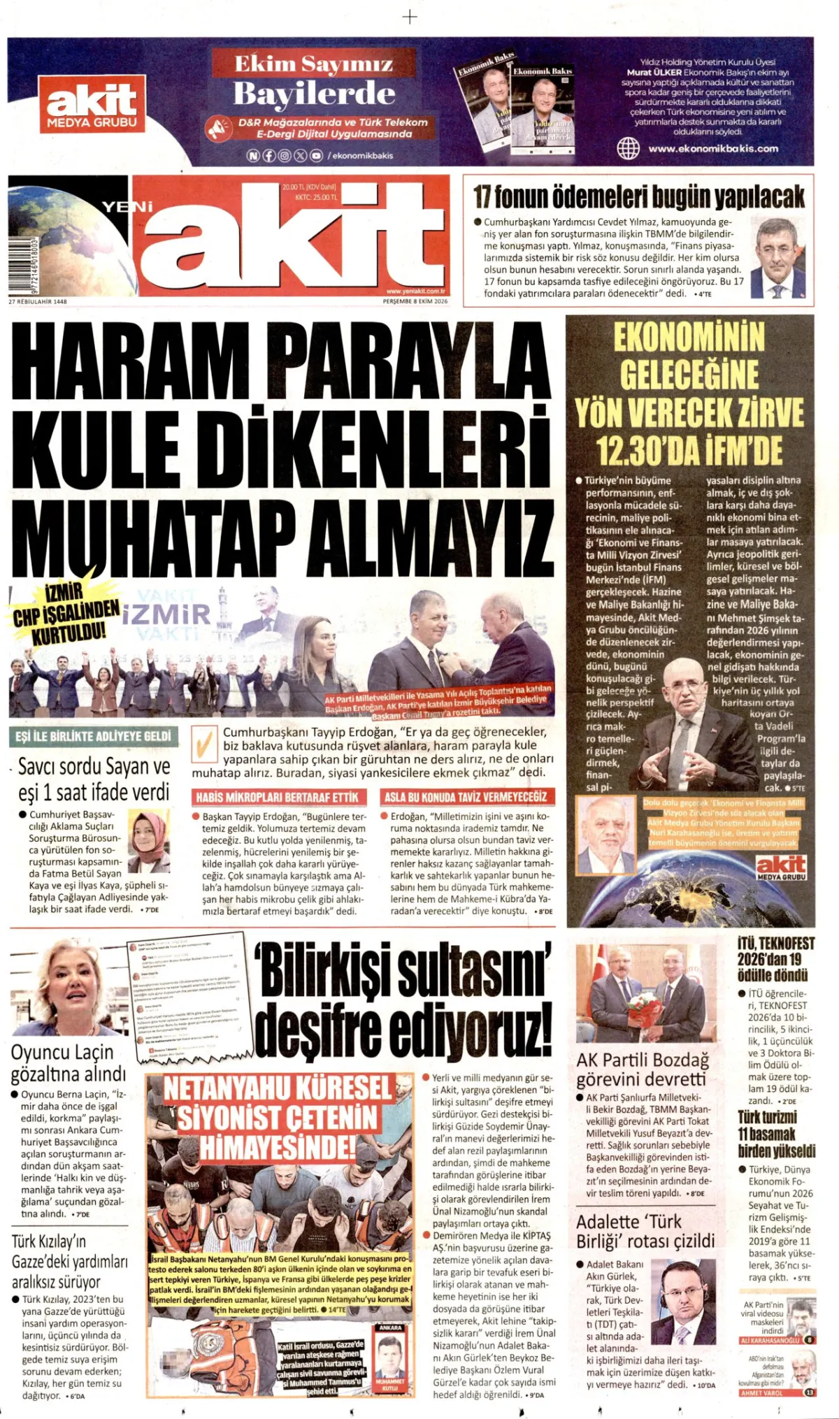 Yeni Akit birinci sayfa manşeti (09 Ekim 2026)