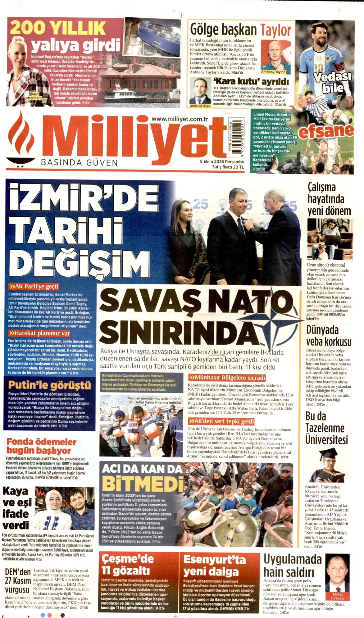 Milliyet birinci sayfa manşeti (09 Ekim 2026)