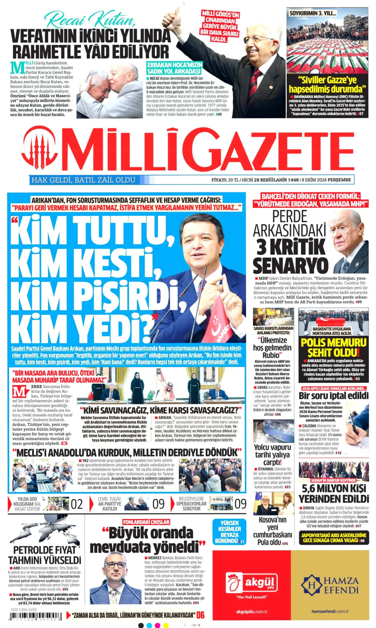 Milli birinci sayfa manşeti (09 Ekim 2026)