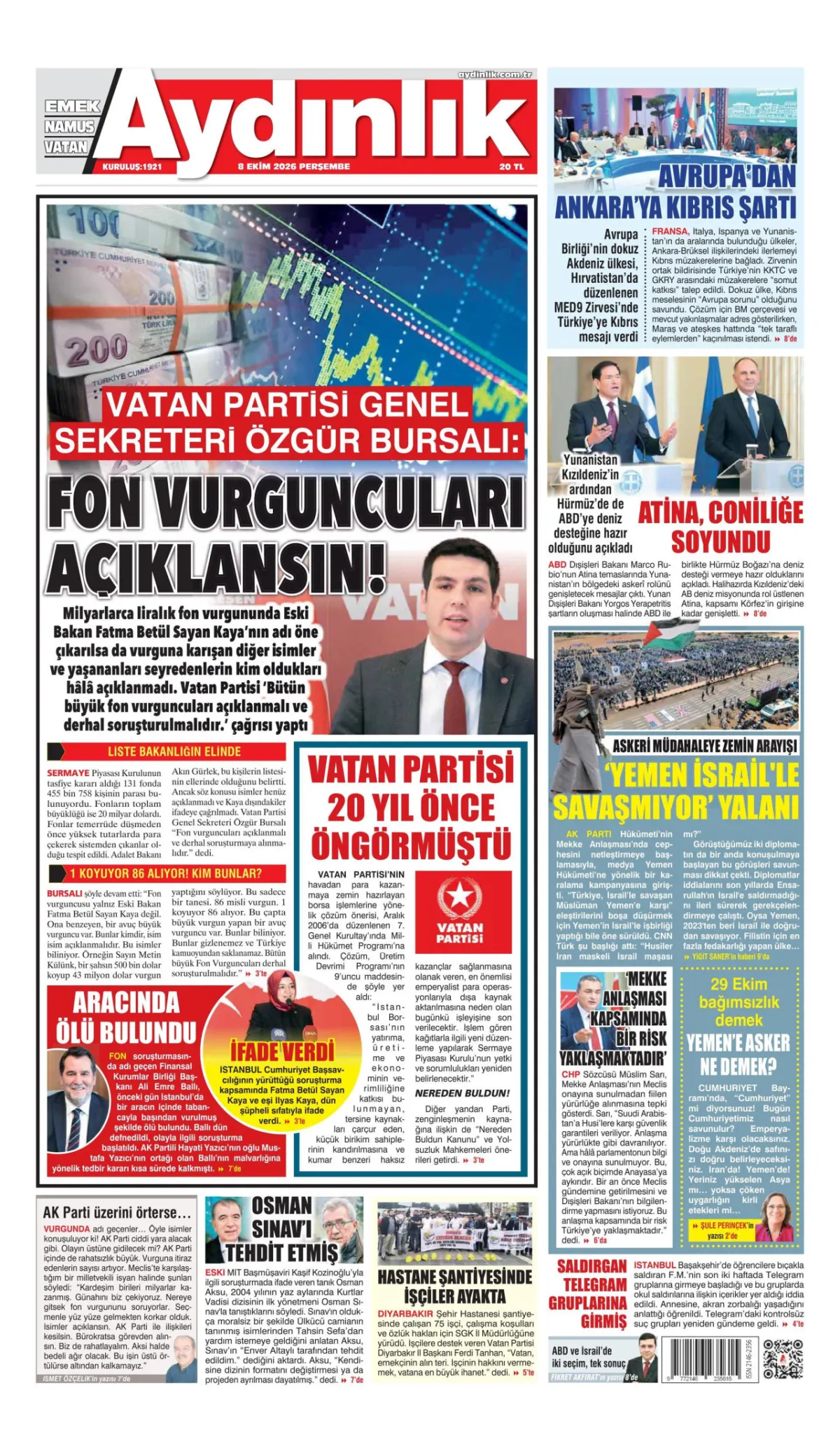 Aydınlık birinci sayfa manşeti (09 Ekim 2026)