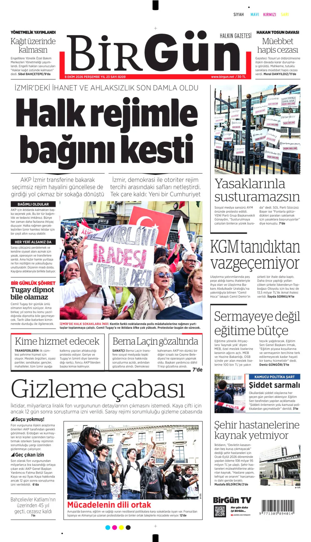BirGün birinci sayfa manşeti (09 Ekim 2026)