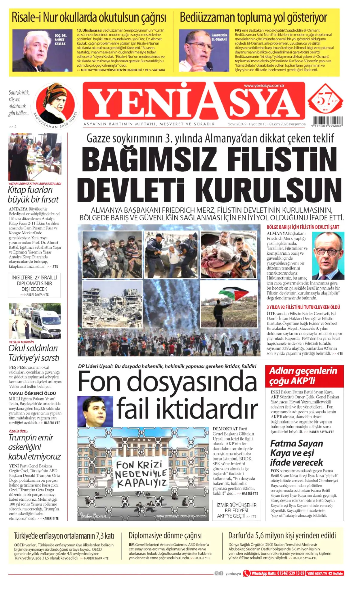 Yeni Asya birinci sayfa manşeti (09 Ekim 2026)