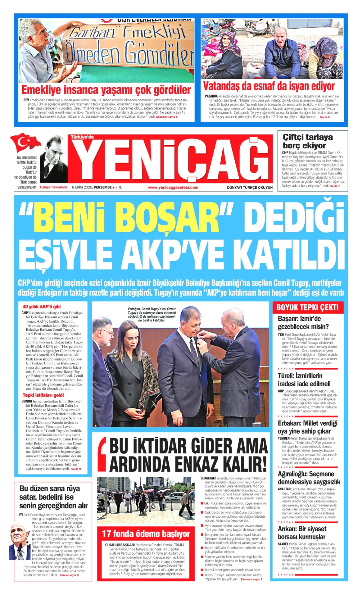 Yeniçağ birinci sayfa manşeti (09 Ekim 2026)