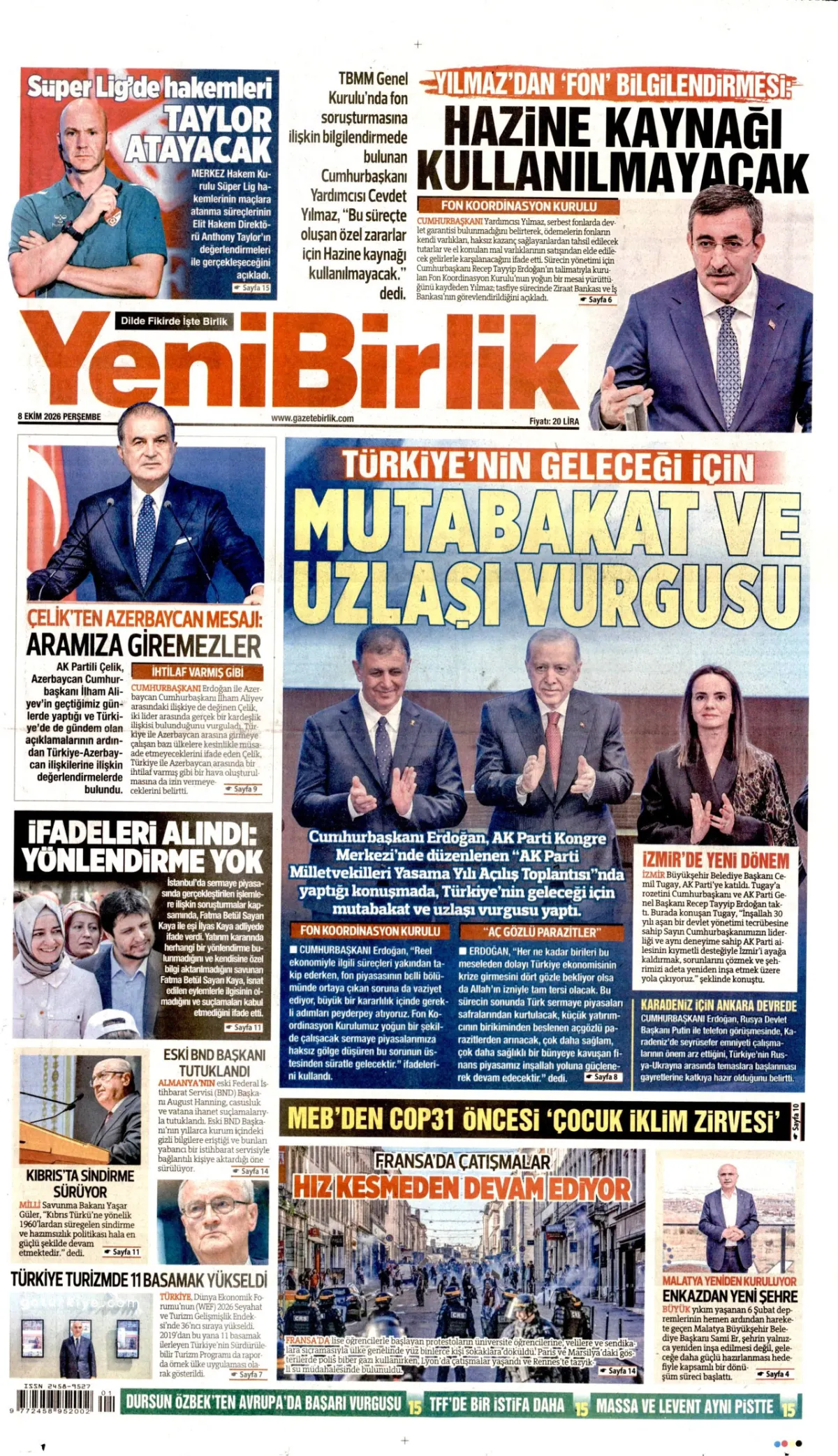 YeniBirlik birinci sayfa manşeti (09 Ekim 2026)